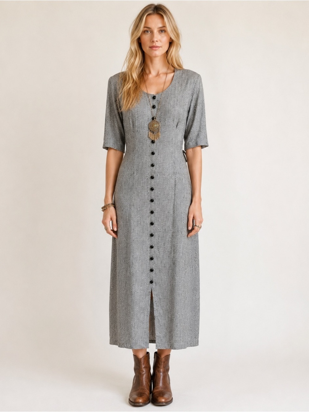 VTG Dawn Joy Maxi Dress Short Sleeve Kaftan Gray Button Front Sz 14 NEW 90s USA